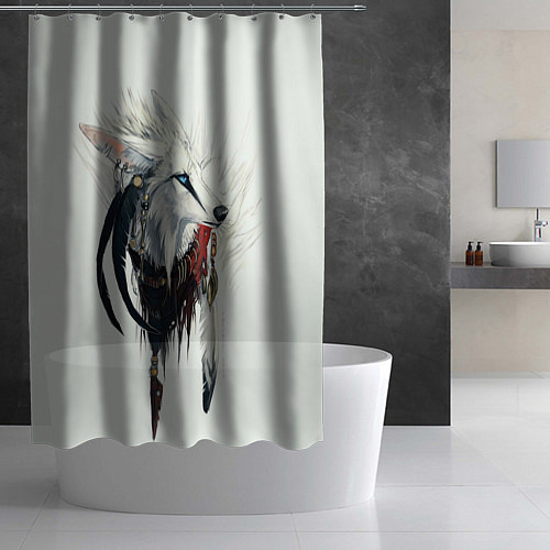 Шторка для ванной Белый лис с перьями на голове / 3D-принт – фото 2