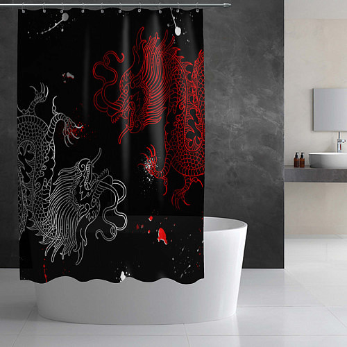 Шторка для ванной Китайский дракон Красно - Белый / 3D-принт – фото 2