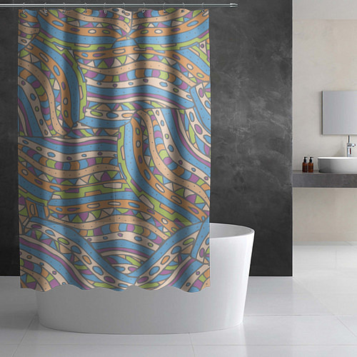 Шторка для ванной Разноцветный геометрический узор в стиле дудл / 3D-принт – фото 2