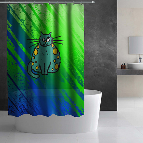 Шторка для ванной Прикольный зеленый кот / 3D-принт – фото 2