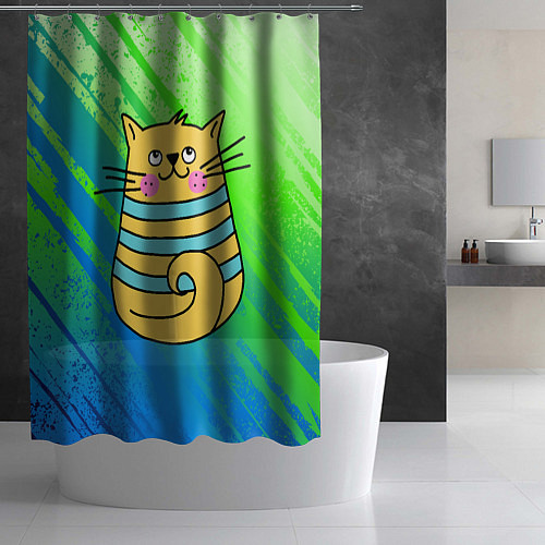 Шторка для ванной Желтый кот в зеленую полоску / 3D-принт – фото 2