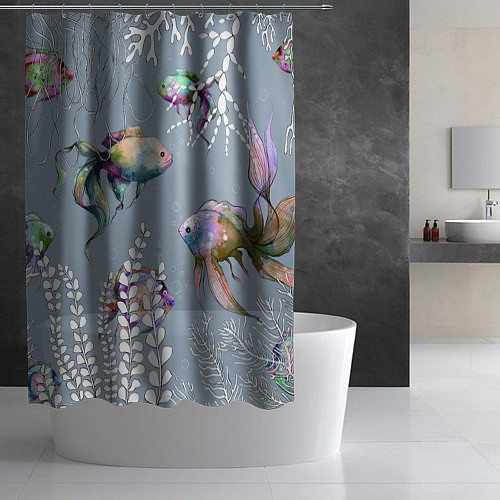 Шторка для ванной Разноцветные акварельные рыбки и белые водоросли / 3D-принт – фото 2
