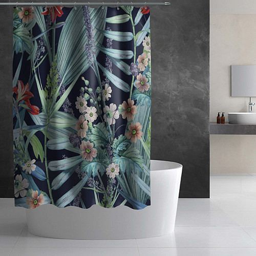 Шторка для ванной Цветы Синие Ботанические / 3D-принт – фото 2