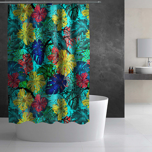 Шторка для ванной Тропические растения на бирюзовом фоне / 3D-принт – фото 2