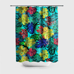Шторка для душа Тропические растения на бирюзовом фоне, цвет: 3D-принт