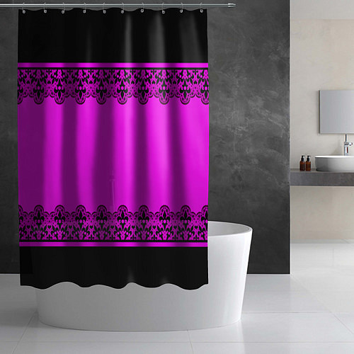 Шторка для ванной Черное кружево на неоновом розовом фоне / 3D-принт – фото 2