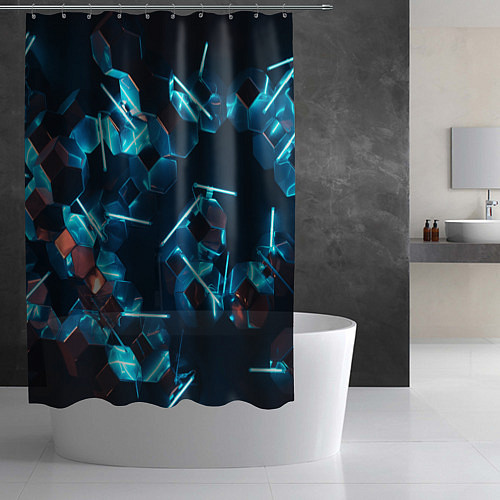 Шторка для ванной Неоновые фигуры с лазерами - Голубой / 3D-принт – фото 2