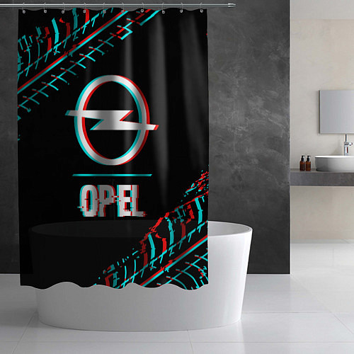 Шторка для ванной Значок Opel в стиле Glitch на темном фоне / 3D-принт – фото 2