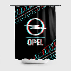 Шторка для душа Значок Opel в стиле Glitch на темном фоне, цвет: 3D-принт