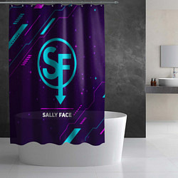 Шторка для душа Символ Sally Face в неоновых цветах на темном фоне, цвет: 3D-принт — фото 2