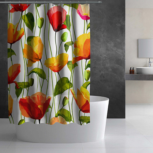 Шторка для ванной Волнообразный узор из цветков мака Лето / 3D-принт – фото 2
