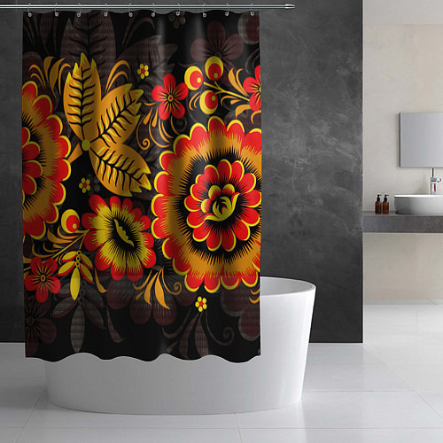 Шторка для ванной Хохломская Роспись Цветы На Тёмном Фоне / 3D-принт – фото 2