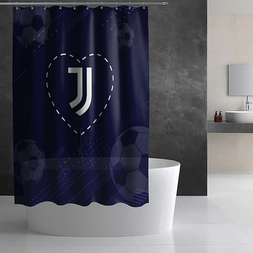 Шторка для ванной Лого Juventus в сердечке на фоне мячей / 3D-принт – фото 2