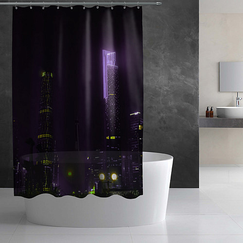 Шторка для ванной Неоновые высотки в городе - Фиолетовый / 3D-принт – фото 2