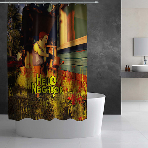 Шторка для ванной Hello Neighbor Привет сосед Сосед поливает / 3D-принт – фото 2