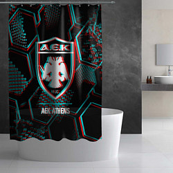 Шторка для душа AEK Athens FC в стиле Glitch на темном фоне, цвет: 3D-принт — фото 2
