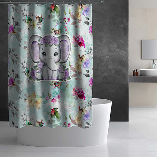 Шторка для ванной Милая слониха в цветах / 3D-принт – фото 2