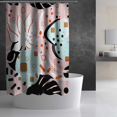 Шторка для ванной Абстрактные фигуры с пальмовыми листами на розовом / 3D-принт – фото 2