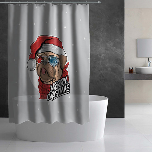 Шторка для ванной Новогодний Мопс в очках / 3D-принт – фото 2