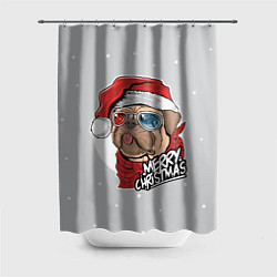 Шторка для душа Новогодний Мопс в очках, цвет: 3D-принт