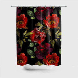 Шторка для душа Цветы Нарисованные Розы На Чёрном Фоне, цвет: 3D-принт