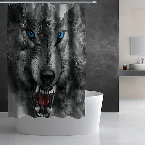 Шторка для ванной Агрессивный волк с синими глазами / 3D-принт – фото 2