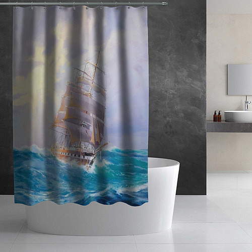 Шторка для ванной Фрегат в штормовом океане / 3D-принт – фото 2