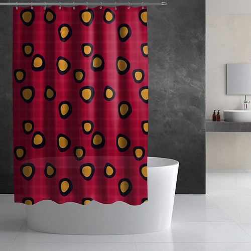 Шторка для ванной Черно-желтые пятна на красном клетчатом фоне / 3D-принт – фото 2