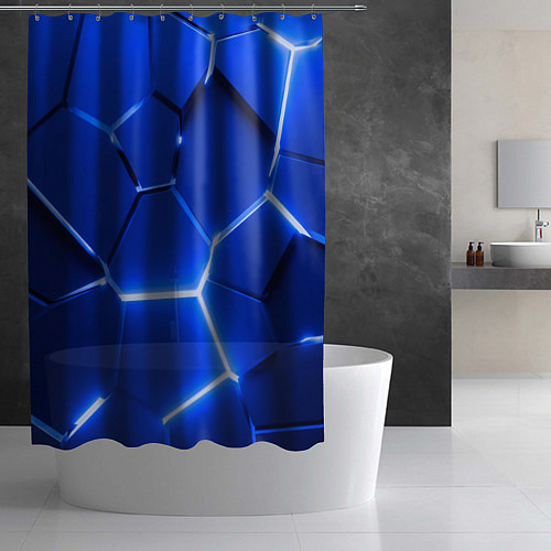 Шторка для ванной Синие неоновые геометрические плиты / 3D-принт – фото 2