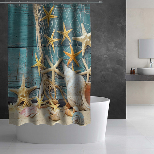 Шторка для ванной Натюрморт из сети, морских звёзд и ракушек - лето / 3D-принт – фото 2