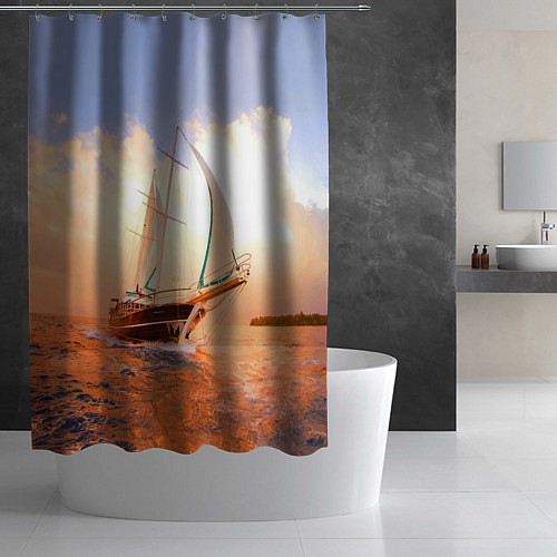 Шторка для ванной Парусник в океане на фоне заката / 3D-принт – фото 2