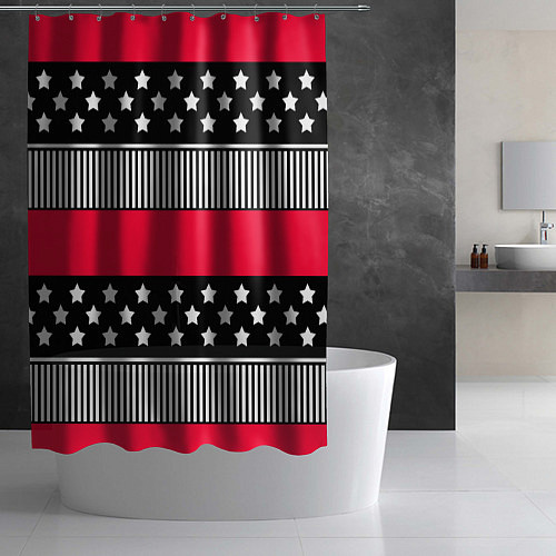 Шторка для ванной Red and black pattern with stripes and stars / 3D-принт – фото 2