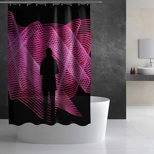 Шторка для ванной Неоновые розовые волны и силуэт человека / 3D-принт – фото 2