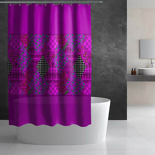Шторка для ванной Малиновый комбинированный узор пэчворк / 3D-принт – фото 2
