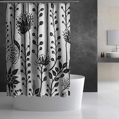 Шторка для ванной Нарисованные монохромные цветы / 3D-принт – фото 2
