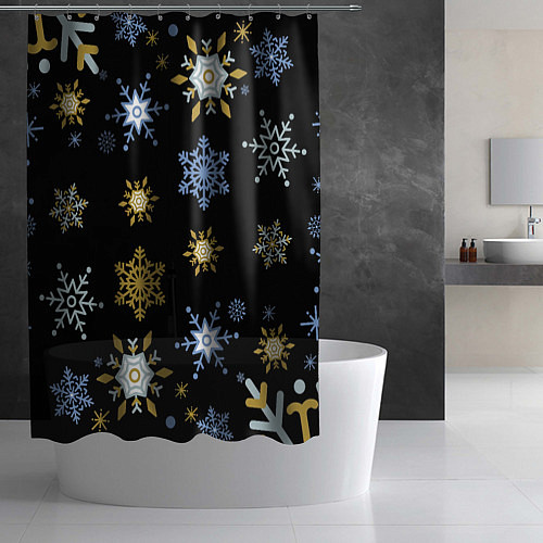 Шторка для ванной Новый год снежинки на чёрном фоне / 3D-принт – фото 2