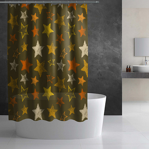 Шторка для ванной Желто-оранжевые звезды на зелнгом фоне / 3D-принт – фото 2