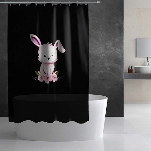 Шторка для ванной Крольчонок С Цветами На Чёрном Фоне / 3D-принт – фото 2