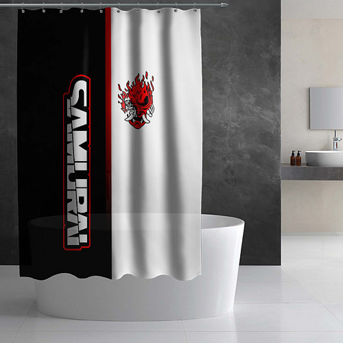Шторка для ванной Киберпанк 2077 - Черно-белый с красной линией / 3D-принт – фото 2