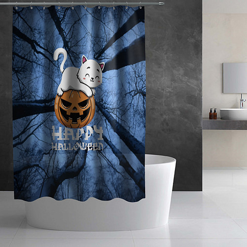 Шторка для ванной Белая кошечка верхом на тыкве / 3D-принт – фото 2