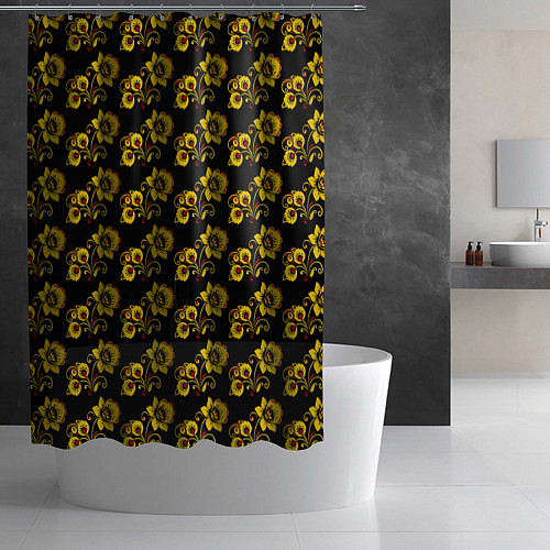 Шторка для ванной Хохломская роспись цветы на чёрном фоне / 3D-принт – фото 2