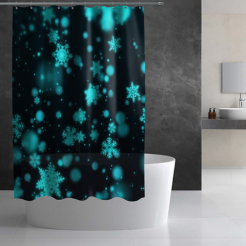 Шторка для ванной Неоновые снежинки на черном фоне / 3D-принт – фото 2