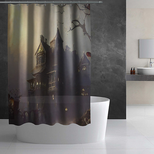 Шторка для ванной Хэллоуин, дом с привидениями и полная луна / 3D-принт – фото 2