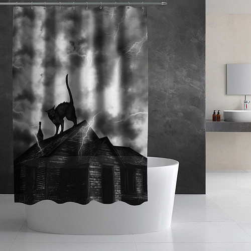 Шторка для ванной Halloween - чёрный кот на ведьмином доме / 3D-принт – фото 2