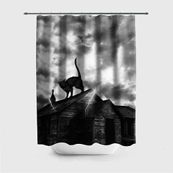 Шторка для душа Halloween - чёрный кот на ведьмином доме, цвет: 3D-принт