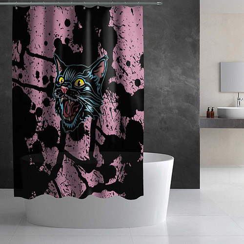 Шторка для ванной Чёрный котяра - Чёрные кляксы / 3D-принт – фото 2