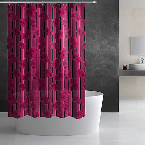 Шторка для ванной Малиновый полосатый узор с цветами анемонов / 3D-принт – фото 2