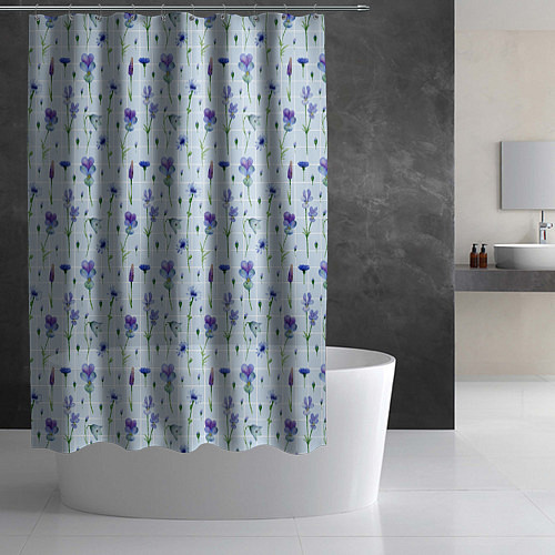 Шторка для ванной Синие и фиолетовые цветы на голубой клетке / 3D-принт – фото 2