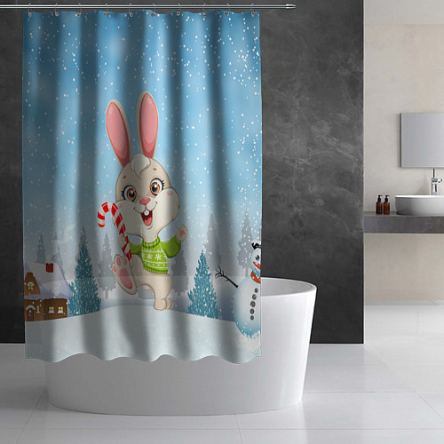 Шторка для ванной Новогодний зайка с леденцом / 3D-принт – фото 2
