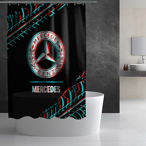 Шторка для ванной Значок Mercedes в стиле glitch на темном фоне / 3D-принт – фото 2
